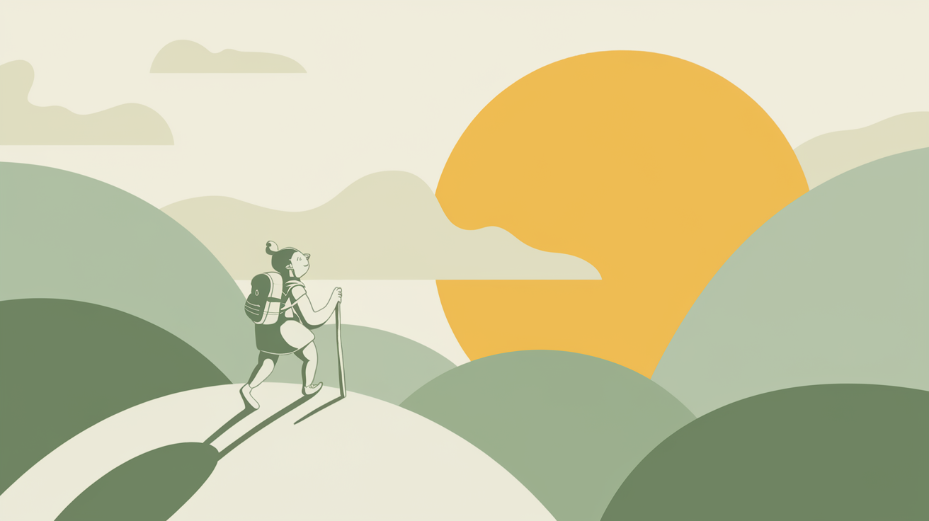 A person climbing toward a golden sun